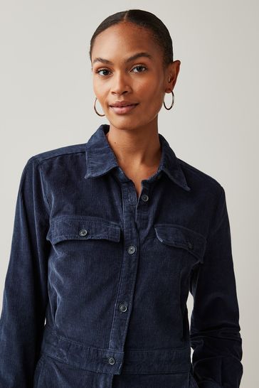 Navy Blue Cord Utility Style Button Through Jumpsuit