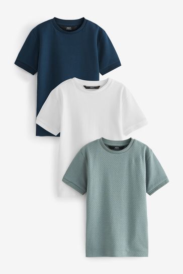 Green/Ecru White/Navy Blue Short Sleeve Textured T-Shirts 3 Pack (3-16yrs)