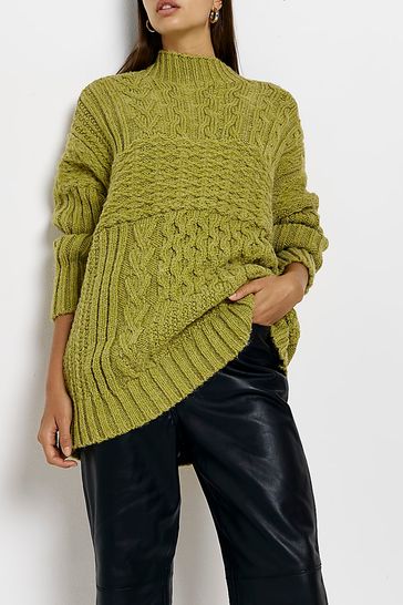 River Island Oversize Green Patchwork Cable Tunic