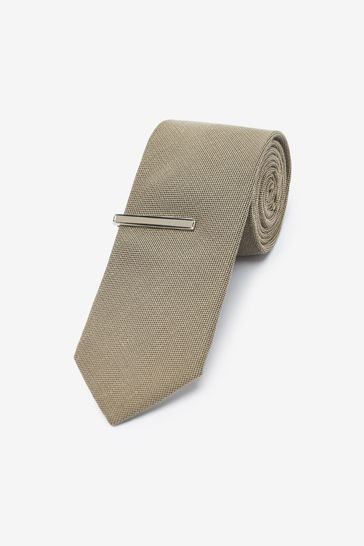Stone Brown Slim Textured Tie With Tie Clip