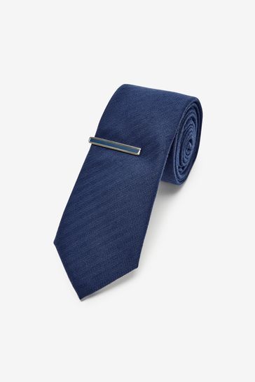 Blue Slim Textured Tie With Tie Clip