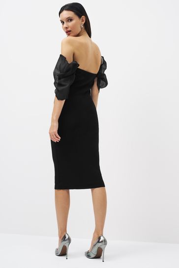 Black Off the Shoulder Puff Sleeve Midi Jumper Dress