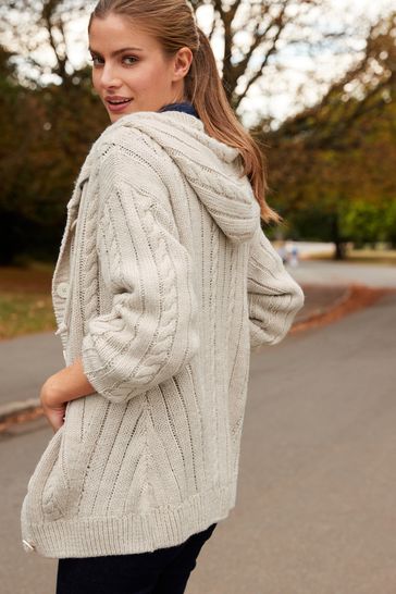 Ecru White Cable Knit Button Up Hooded Cardigan