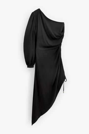 Black one outlet shoulder ruched dress