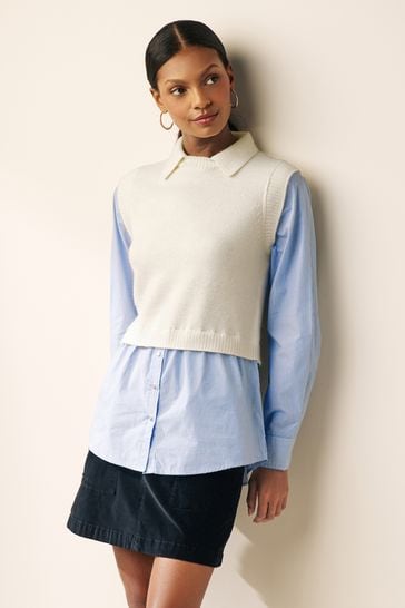 Ecru White Polo Knitted Layer Jumper