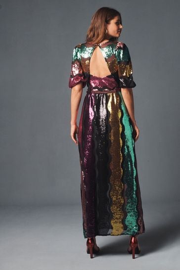 Buy Multi Rainbow Next Long Sleeve Sequin Wave Party Midi Dress