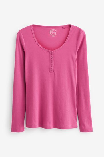 Buy Bright Pink Ribbed Henley Long Sleeve Top from Next Luxembourg