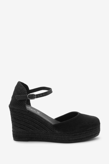Black Forever Comfort® Leather Ankle Strap Closed Toe Mid Wedges