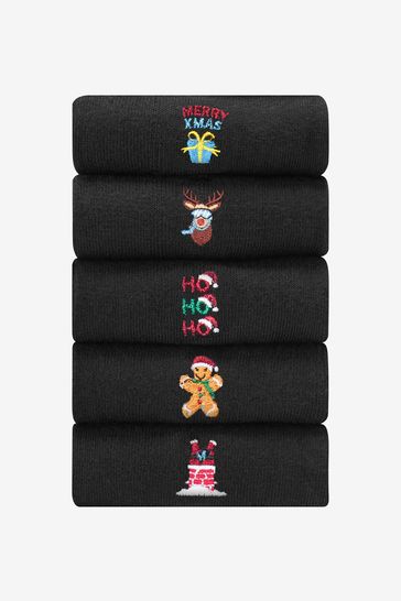 Black Christmas 5 Pack Embroidered Socks