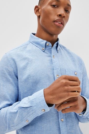 Buy Light Blue Regular Fit Linen Blend Long Sleeve Shirt from Next