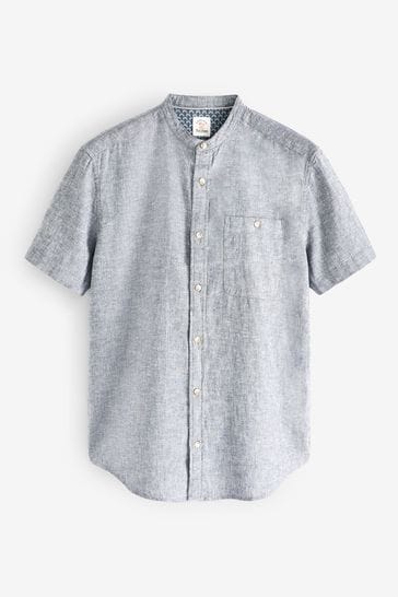 Buy Grey Grandad Collar Linen Blend Short Sleeve Shirt from Next