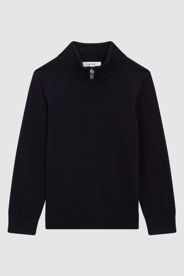 Buy Reiss Navy Blackhall Senior Merino Wool Zip Neck Jumper from