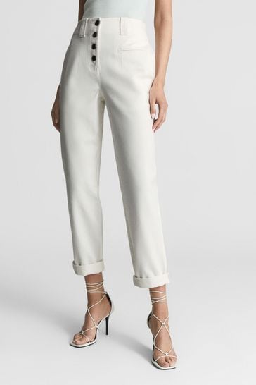 Reiss White Ava Button Fly Cotton Trousers