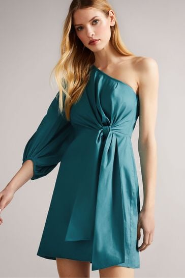 Buy Ted Baker Blue One Shoulder Mini Dress With Tie Waist from