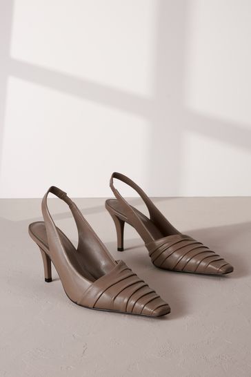 Taupe Brown Signature Leather Ruched Slingback Heels