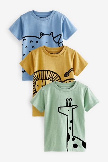 Blue/Yellow Linear Animals Short Sleeve Character T-Shirts 3 Pack (3mths-7yrs)