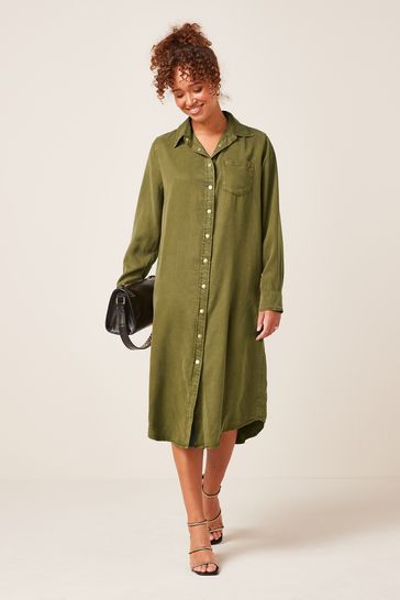 Olive Green Button Through Longline Shirt Dress
