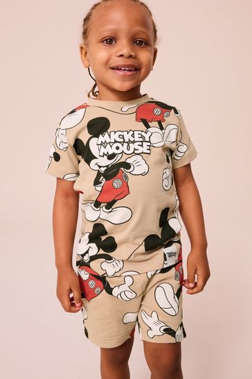 Neutral Tan Mickey Mouse All Over Printed T-Shirt and Shorts License Set (3mths-8yrs)