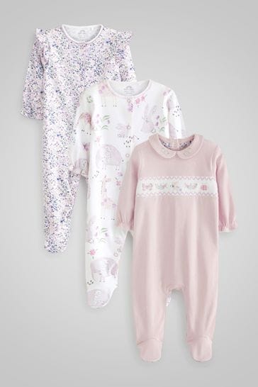 Lilac Bunny Baby Embroidered Detail Sleepsuits 3 Pack (0-2yrs)