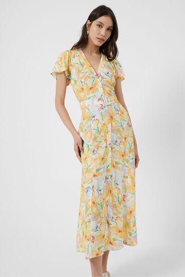 French Connection Yellow Isadora Delphine Short Sleeve Belted Maxi Dress