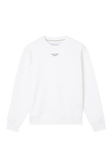 Buy Calvin Klein Jeans White Stacked Logo Crew Neck Sweater from