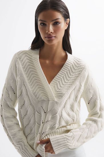 Reiss Ivory Claudine Cable Knit Shawl Neck Jumper