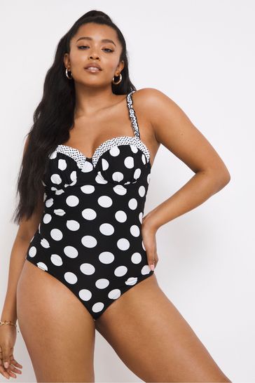 Simply Be Black Polka Dot Shape Underwired Belted Swimsuit