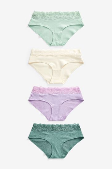 Green/Lilac Purple/Cream Short Lace Trim Cotton Blend Knickers 4 Pack