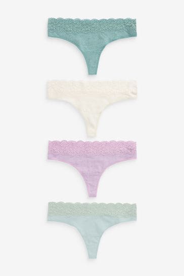 Green/Lilac Purple/Cream Thong Lace Trim Cotton Blend Knickers 4 Pack