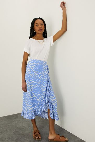 Monsoon Blue Wrap Wave Print Midi Skirt