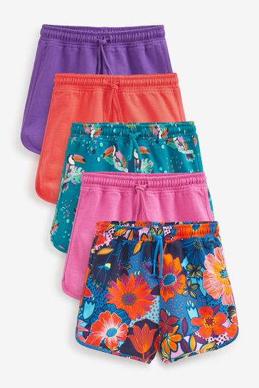 Pink/Teal Blue/Purple/Tropical Print 5 Pack Cotton Jersey Shorts (3-16yrs)