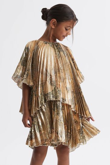 Reiss Gold Rhea Senior Metallic Pleated Tiered Dress