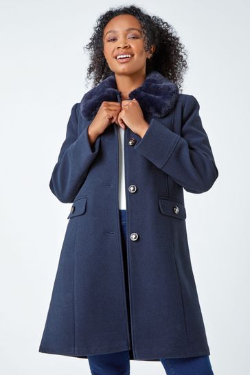 Roman Blue Petite Faux Fur Collar Longline Coat