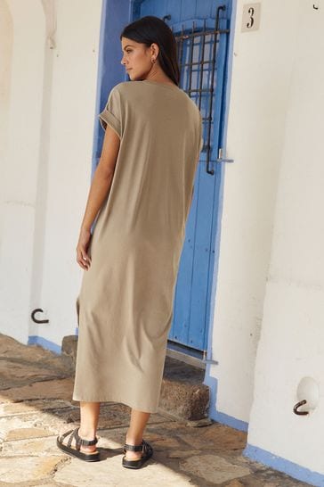 Neutral Short Sleeve Maxi T Shirt Dress