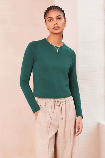 Green Double Layer Ribbed Long Sleeve Crew Neck Top