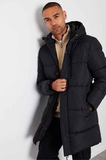 Threadbare Black Showerproof Hooded Longline Puffer Jacket