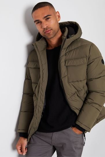 Khaki puffer jacket fur hood shop