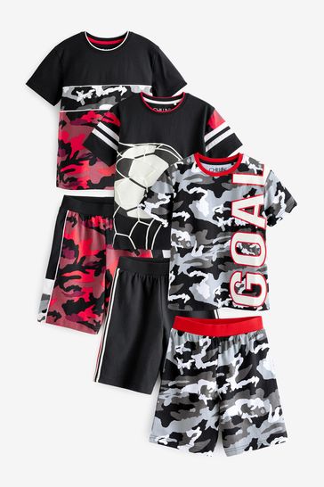 Black/Red Football print Short Pyjamas 3 Pack (3-16yrs)