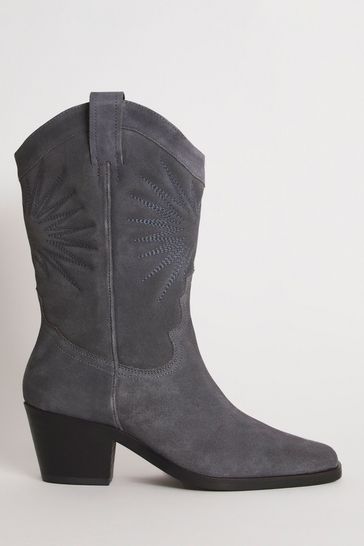 Simply Be Grey Suede Embroidered Western Calf Boots Extra Wide Fit Standard Calf