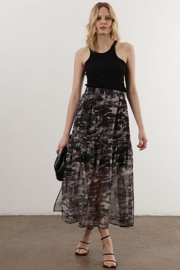 Buy Religion Black Print Tiered Maxi Skirt In Sheer Georgette and Short Lining from Next Kuwait