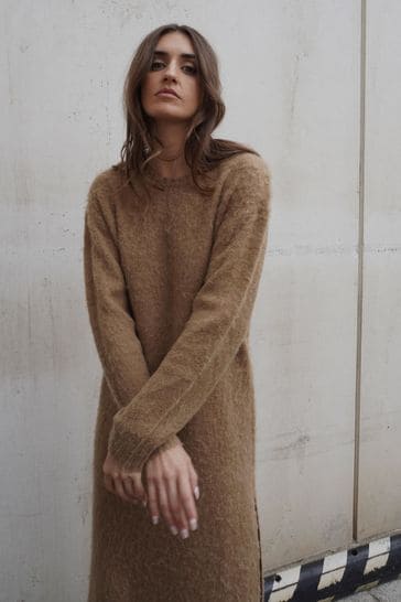 Religion Brown Cosy Heritage Knitted Midi Dress In Soft Fluffy Yarn
