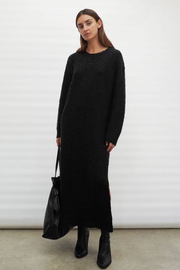 Religion Black Cosy Heritage Knitted Midi Dress In Soft Fluffy Yarn