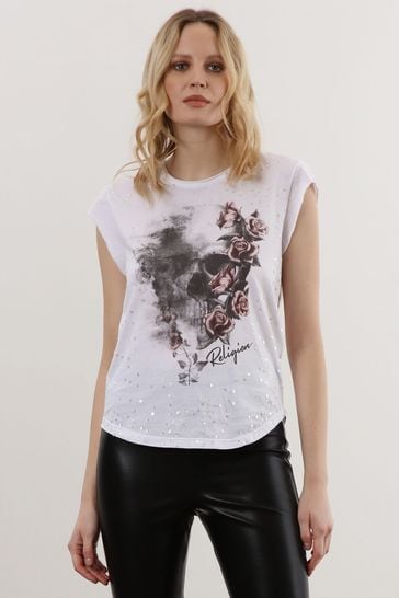 Religion White Cute Change T-Shirt with Cut Work and Beading