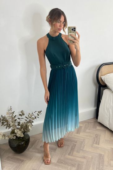 Style Cheat Green Black Ombre Luisa Halter Pleated Maxi Dress