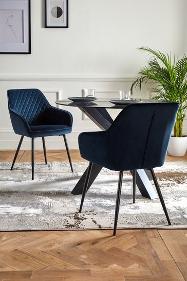 Buy Set of 2 Soft Velvet Navy Blue Black Legs Hamilton Arm Dining