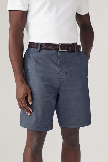 Navy Textured Cotton Blend Chino Shorts with Belt Included