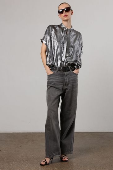 silver tie neck blouse
