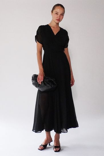 Religion Black Wrap Maxi Dress with Full Skirt In Soft Georgette