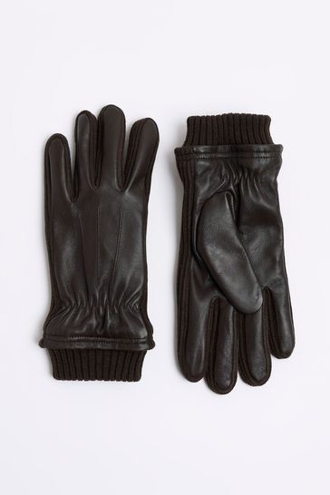 River Island Brown Leather Knit Cuff Gloves