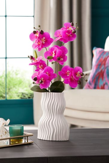 Pink Artificial Real Touch Orchid In White Pleated Pot